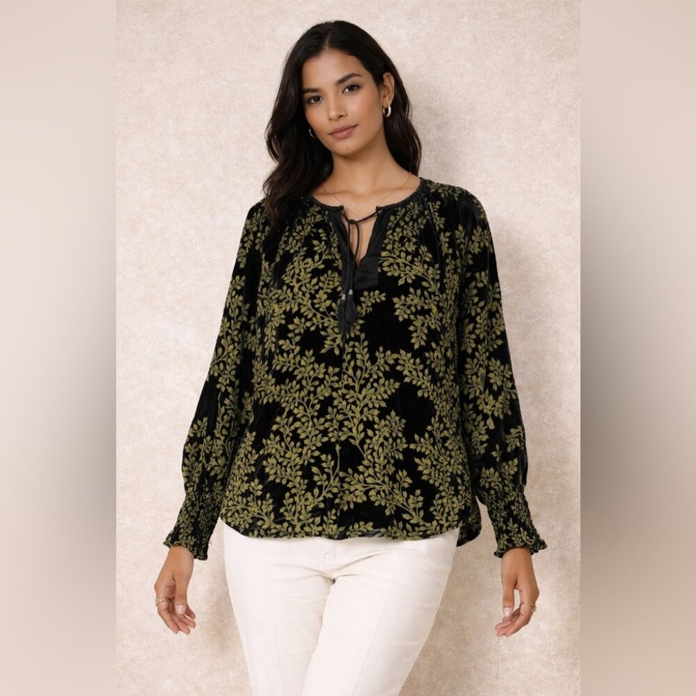 NILE Black Green Velvet Burnout Blouse Boho Long Sleeve Size M Relaxed Fit